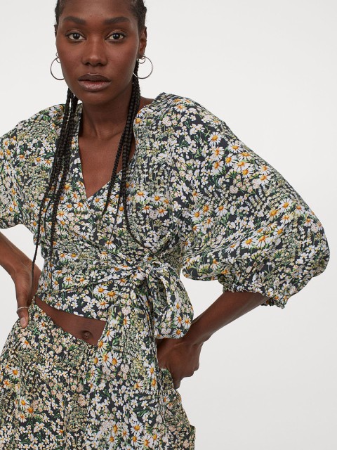 

H&M Women Green & White Printed Wrapover Blouse