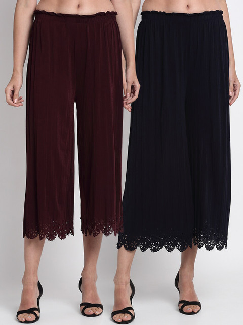 

NEUDIS Women Pack Of 2 Maroon & Navy Blue Flared Solid Culottes