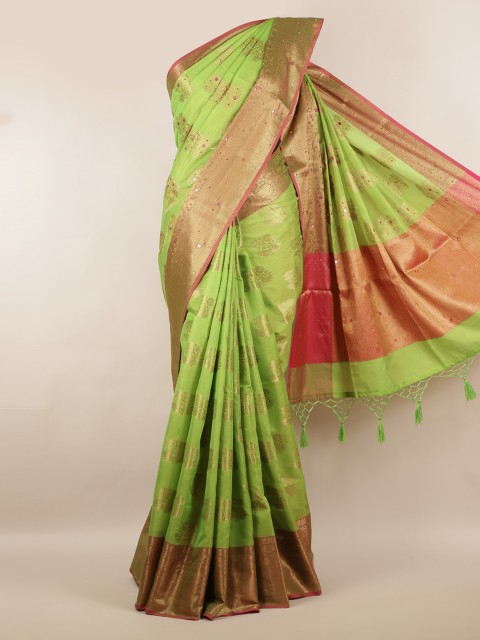 

Pothys Green & Gold-Toned Cotton Blend Woven Design Saree