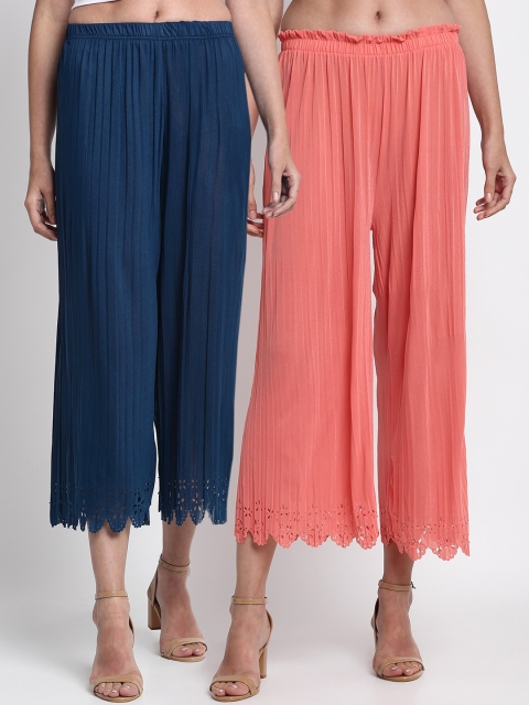 

NEUDIS Women Teal & Peach-Coloured Hem Design Straight Palazzos