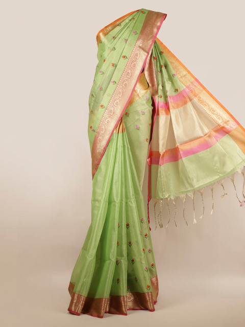 

Pothys Green & Gold-Toned Tissue Woven Design Saree