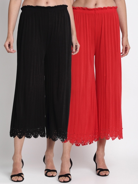 

NEUDIS Women Black & Coral Hem Design Straight Palazzos