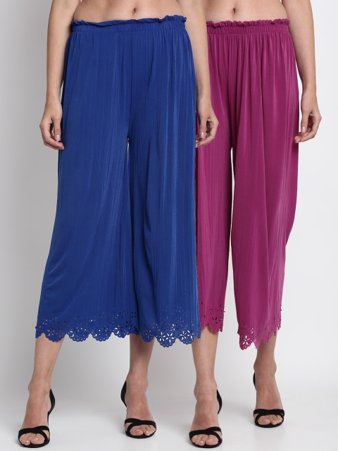 

NEUDIS Women Purple & Blue Hem Design Straight Palazzos