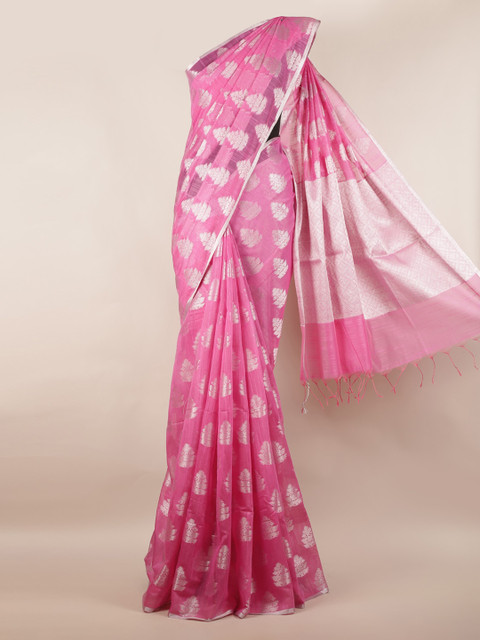 

Pothys Pink & Silver-Toned Cotton Blend Woven Design Saree