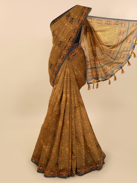

Pothys Brown Printed Cotton Blend Chanderi Saree