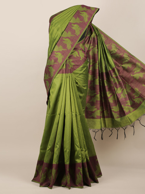 

Pothys Green & Violet Jute Silk Solid Saree Pothys With Tasseled Pallu