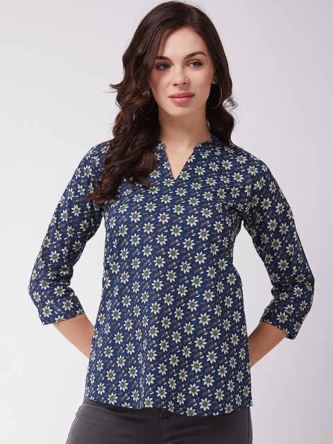 

InWeave Navy Blue & White Floral Printed Mandarin Collar Top
