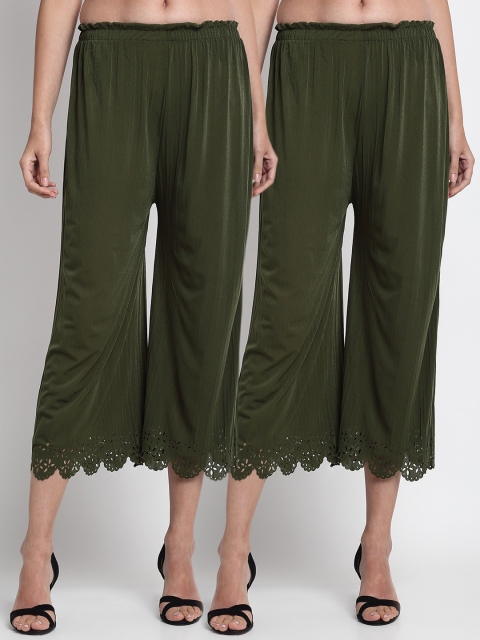 

NEUDIS Women Pack Of 2 Hem Design Wide Leg Palazzos, Olive