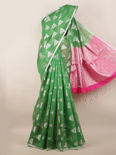 

Pothys Green & Silver-Toned Cotton Blend Woven Design Saree