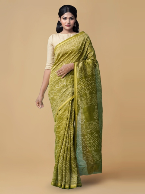 

Unnati Silks Green Silk Blend Printed Chanderi Saree