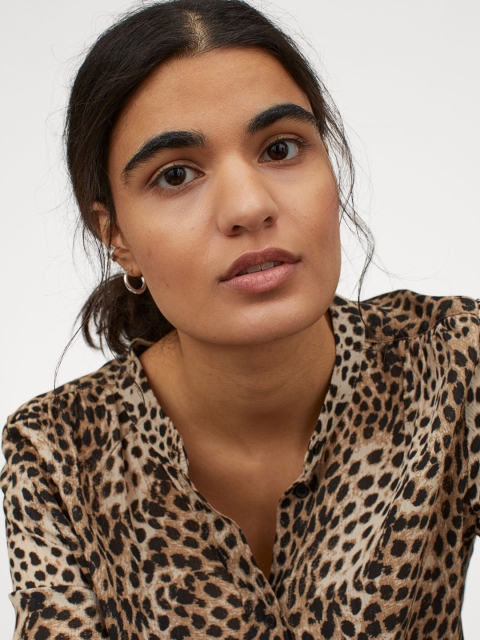 H&M Women Beige & Black Animal Patterned Blouse
