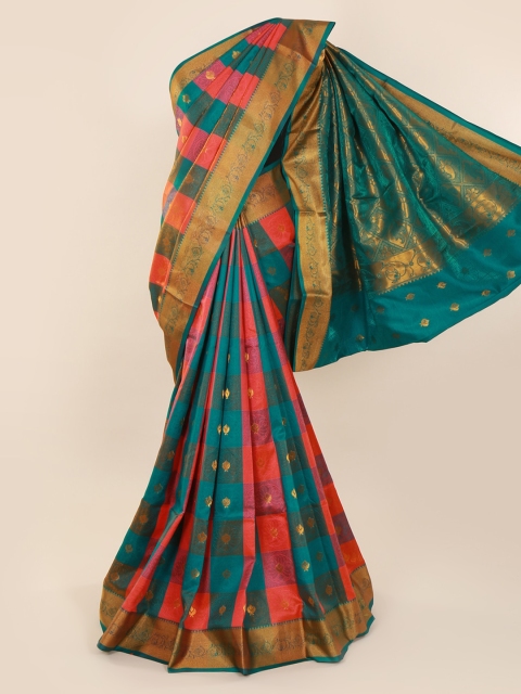 Pothys Teal & Pink Art Silk Checked Saree
