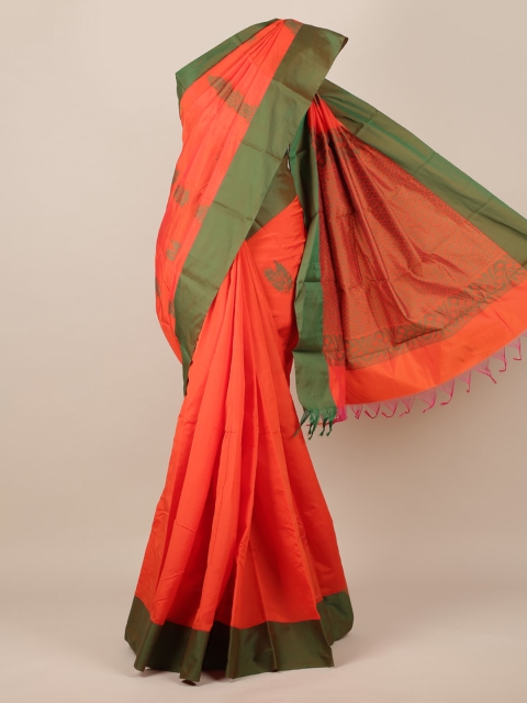 

Pothys Orange & Green Silk Cotton Printed Saree With Tasseled Pallu