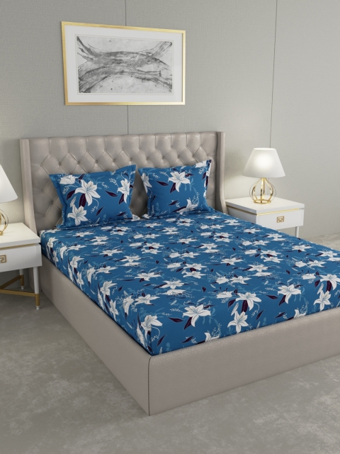 Raymond Home Teal Blue & White Floral TC Cotton 1 Queen Bedsheet with 2 Pillow Covers