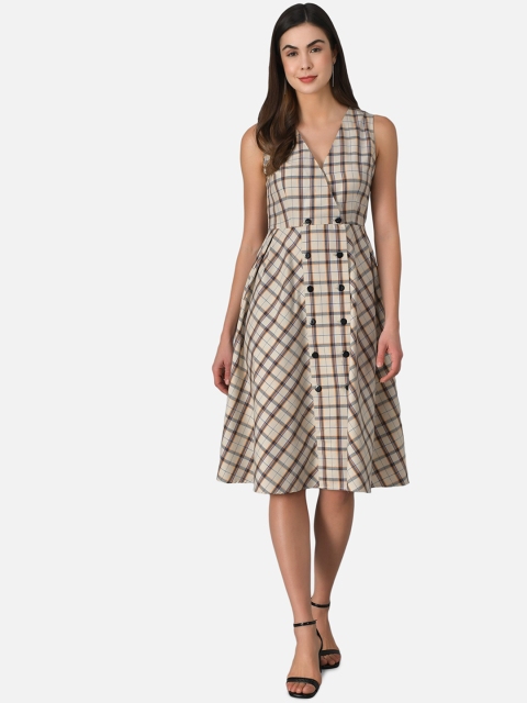 

Purple State Women Off-White & Green Checked Fit and Flare Dress