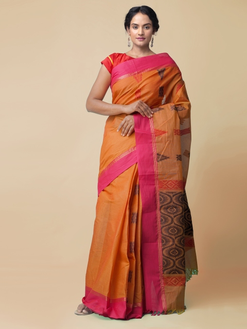 

Unnati Silks Orange Pure Cotton Printed Handloom Uppada Saree