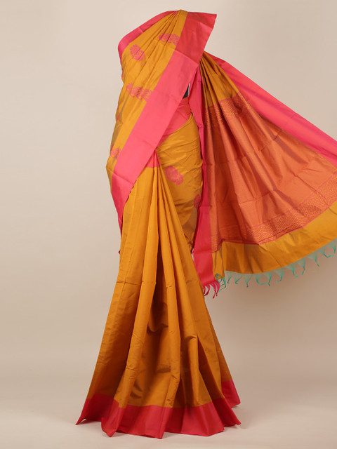 

Pothys Mustard Yellow & Red Silk Cotton Woven Design Saree