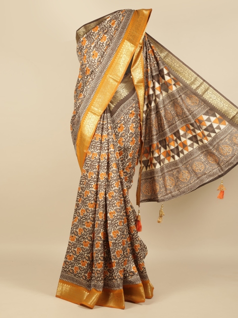 

Pothys White & Brown Jute Silk Printed Saree