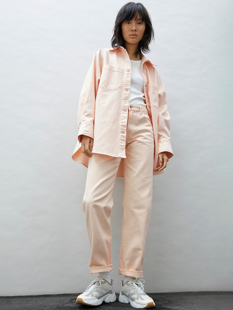 

H&M Women Peach Solid Long Denim Shirt Jacket