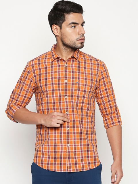 Basics Men Orange & Red Slim Fit Checked Casual Shirt