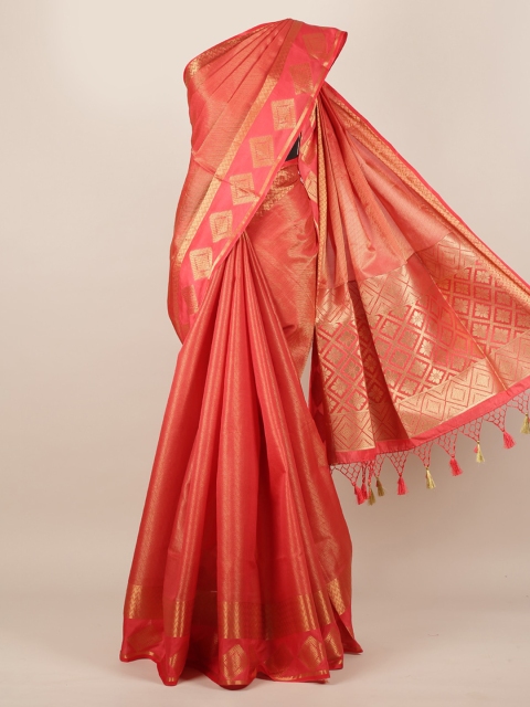 

Pothys Coral Pink & Gold-Toned Jute Silk Woven Design Saree
