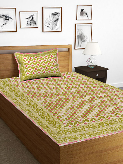 

Tistabene Green & Pink Ethnic Motifs 180 TC Cotton 1 Single Bedsheet with 1 Pillow Cover
