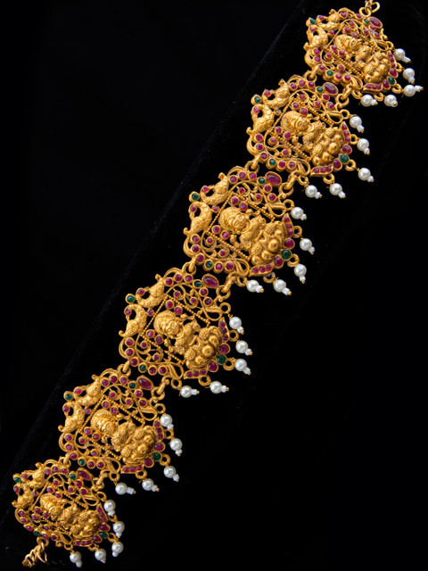 

Alankruthi Gold-Plated Pink & Green Stone-Studded Beaded Lakshmi Motif Design Kamarbandh