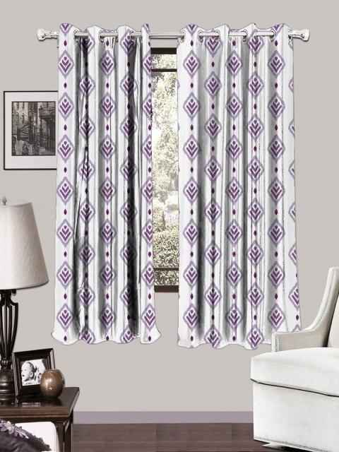 

HOUZZCODE White & Purple Set of 2 Geometric Printed Black Out Window Curtains