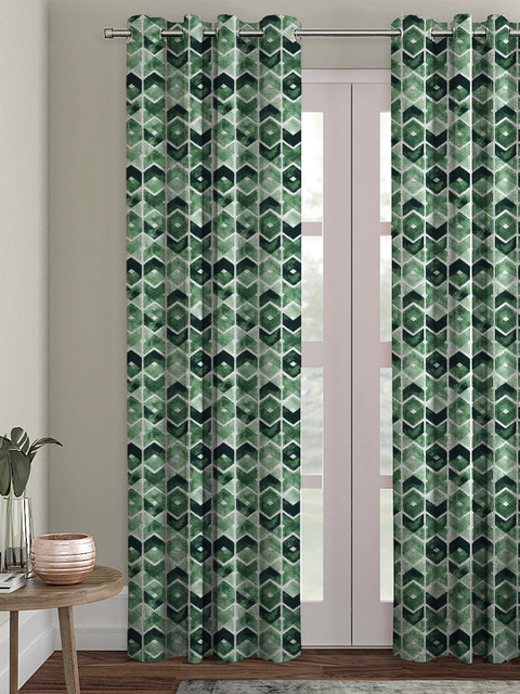 

HOUZZCODE White & Green Set of 2 Printed Black Out Door Curtains