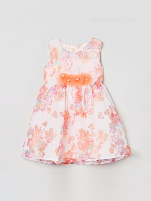 

max Girls White & Orange Floral Printed Fit and Flare Dress