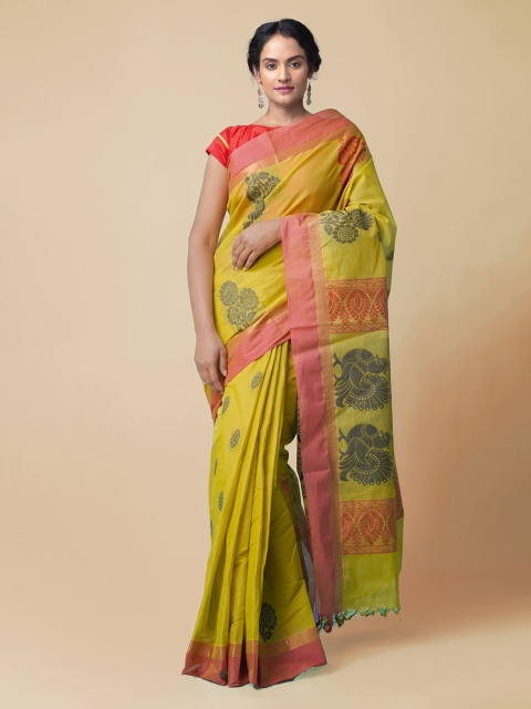 

Unnati Silks Green Pure Cotton Printed Handloom Uppada Saree