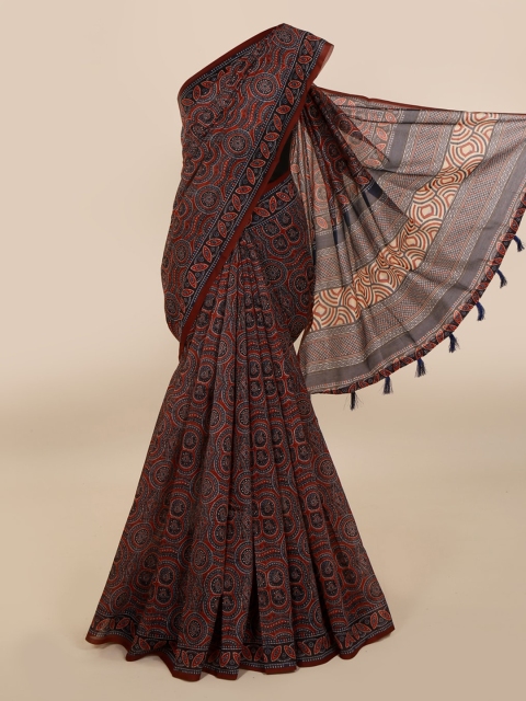 

Pothys Maroon & Blue Cotton Blend Printed Saree