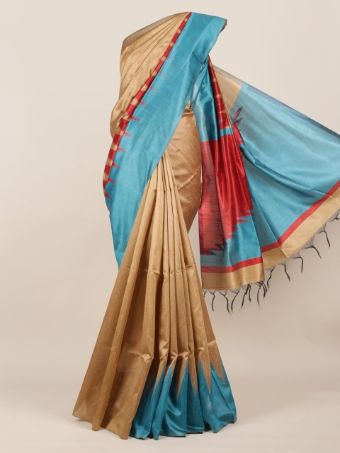 

Pothys Cream-Coloured & Turquoise Blue Jute Silk Colourblocked Saree