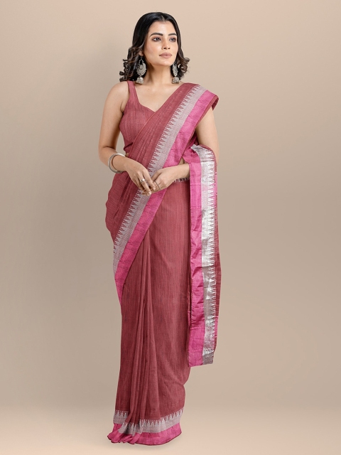 BharatSthali Maroon Silk Cotton Solid Maheshwari Handloom Saree