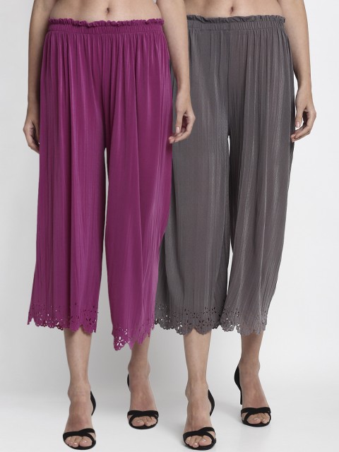 

NEUDIS Women Grey & Purple Hem Design Straight Palazzos
