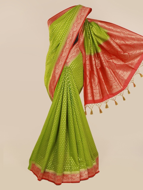 

Pothys Green & Gold-Toned Pure Silk Woven Design Saree With Tasseled Pallu