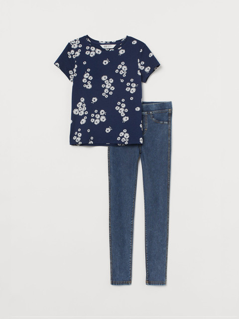 

H&M Girls Navy Blue & Off-White Printed 2-Piece Set