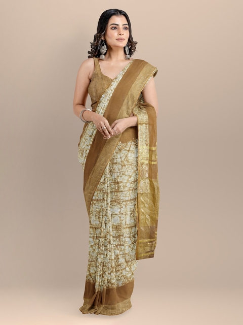 

BharatSthali Beige & Brown Pure Linen Printed Narayan Peth Saree