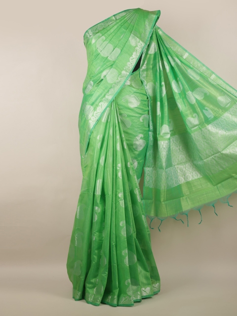 

Pothys Green & Silver-Toned Cotton Blend Woven Design Saree
