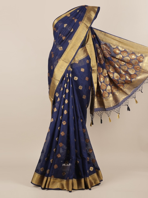 

Pothys Navy Blue & Gold-Toned Jute Silk Woven Design Saree