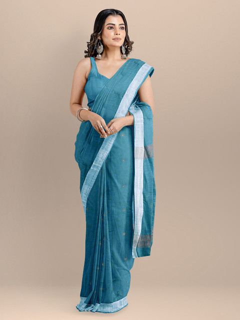

BharatSthali Blue Pure Cotton Woven Design Handloom Taant Saree