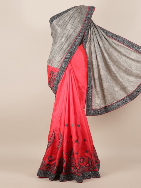 

Pothys Pink & Grey Poly Georgette Embroidered Saree With Embellishment