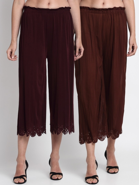 

NEUDIS Women Brown & Burgundy Hem Design Straight Palazzos