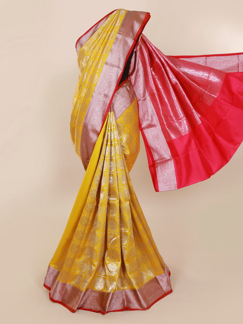 

Pothys Yellow & Silver-Toned Art Silk Woven Design Saree