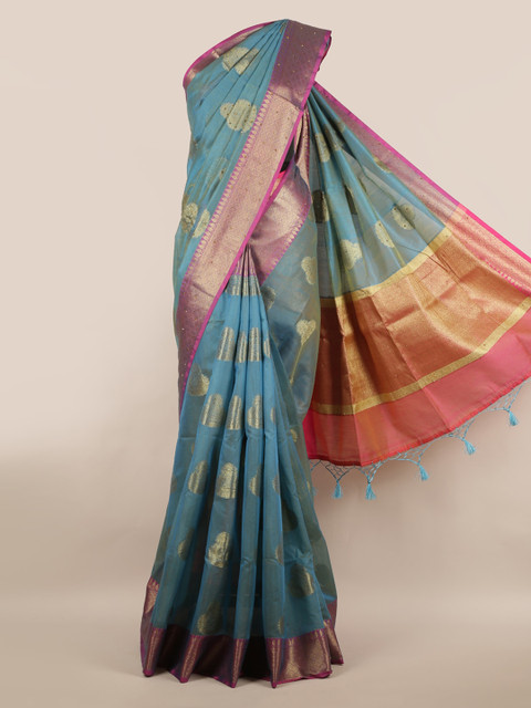 

Pothys Blue & Gold-Toned Cotton Blend Woven Design Saree