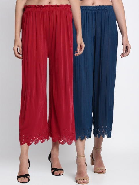 

NEUDIS Women Blue & Maroon Hem Design Straight Palazzos
