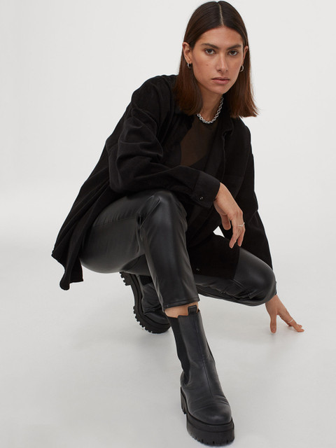 

H&M Women Black Solid Oversized Corduroy Shirt