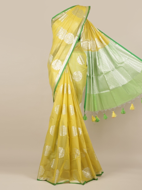 

Pothys Yellow & Silver-Toned Cotton Blend Woven Design Saree With Tasseled Pallu