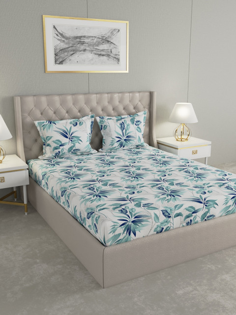 

Raymond Home White & Navy Blue Floral 104 TC Cotton 1 Queen Bedsheet with 2 Pillow Covers