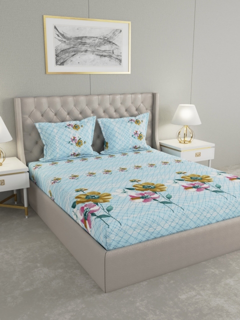 

Raymond Home Turquoise Blue & Pink Floral 210 TC Cotton 1 King Bedsheet with 2 Pillow Covers